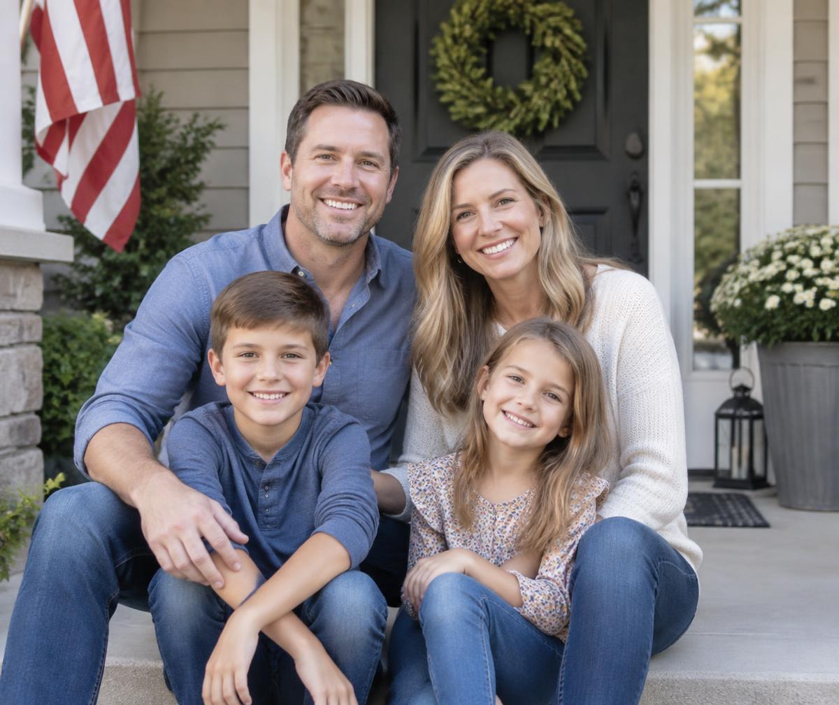 Smiling family of four sitting on the front porch of their home